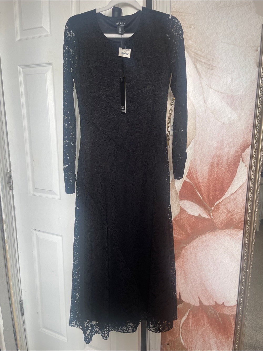 Nicole Miller Black Lace Long-Sleeve Midi Dress